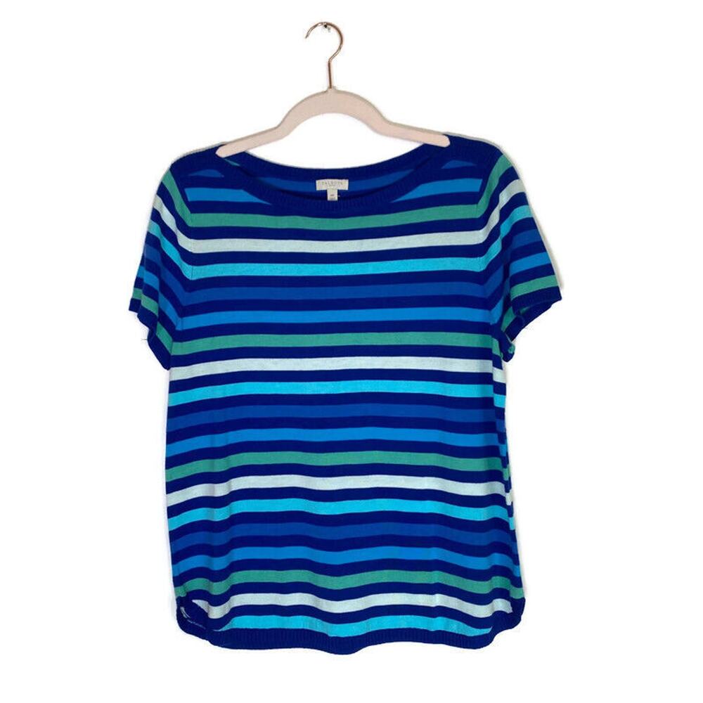 NWT Talbots Pullover Sweater Short Sleeve Striped Sz MP Petite Blue Green Preppy